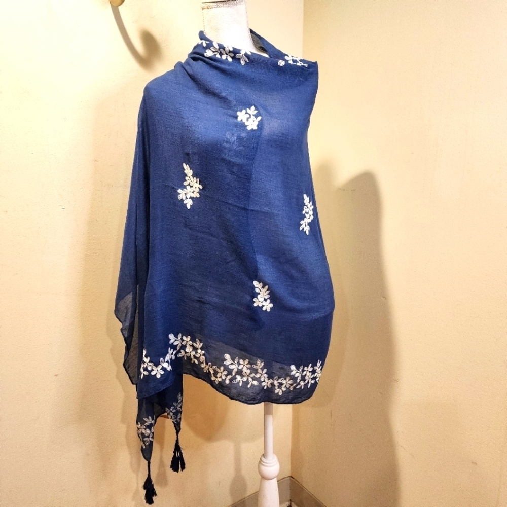 Women's Large Blue Embroidered Tassel Cotton Blended Wrap Scarf